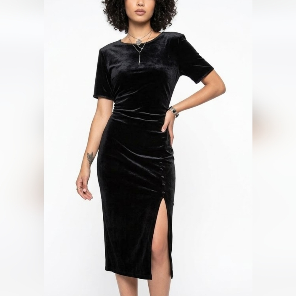 Nina Piccalino Vintage Black Velvet Midi Dress Button Slit Detail Size 6